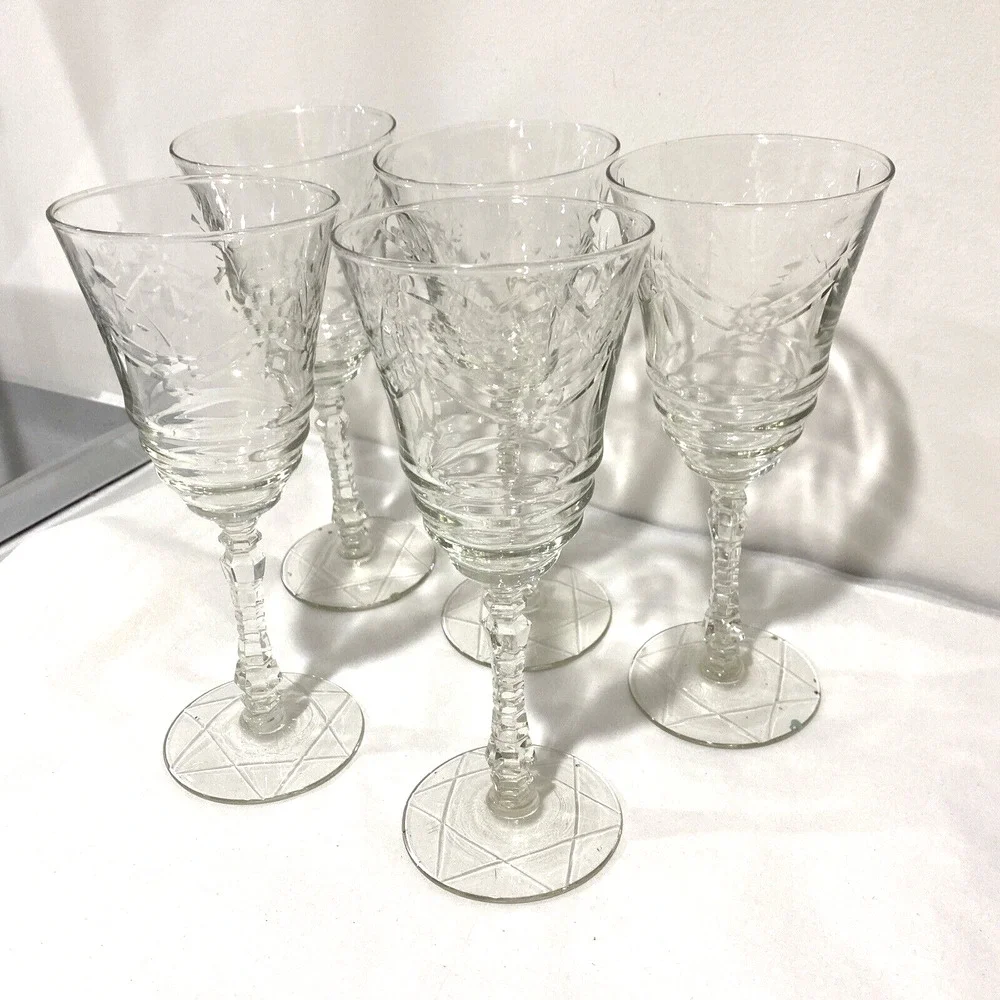Libbey Rock Sharpe ARCTIC ROSE Goblets Water Glasses Set of 5 Clear etch crystal